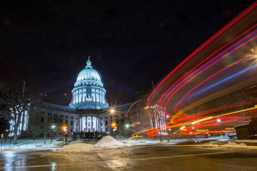 Long exposure showing the Wisconsin State Capitol building lit up at night